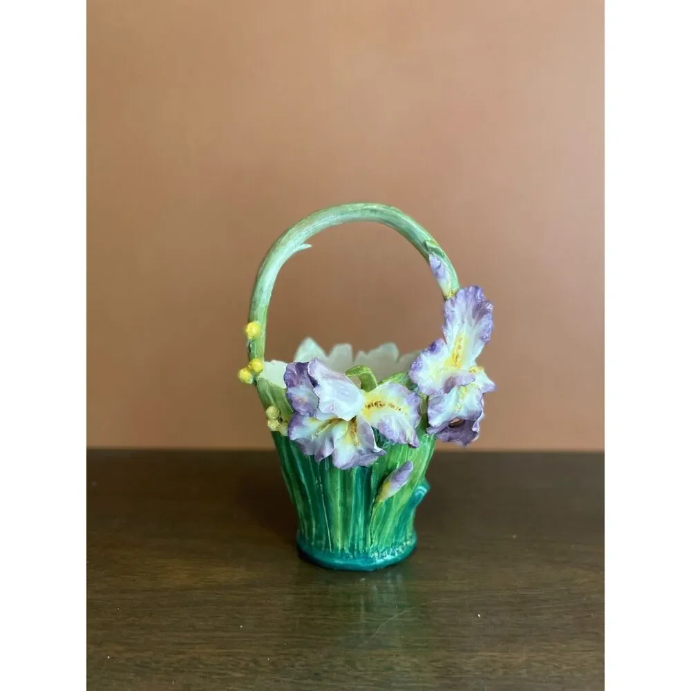 Vintage Delft Ceramic Iris Flower Basket Vase 13” Purple Floral Majolica Style